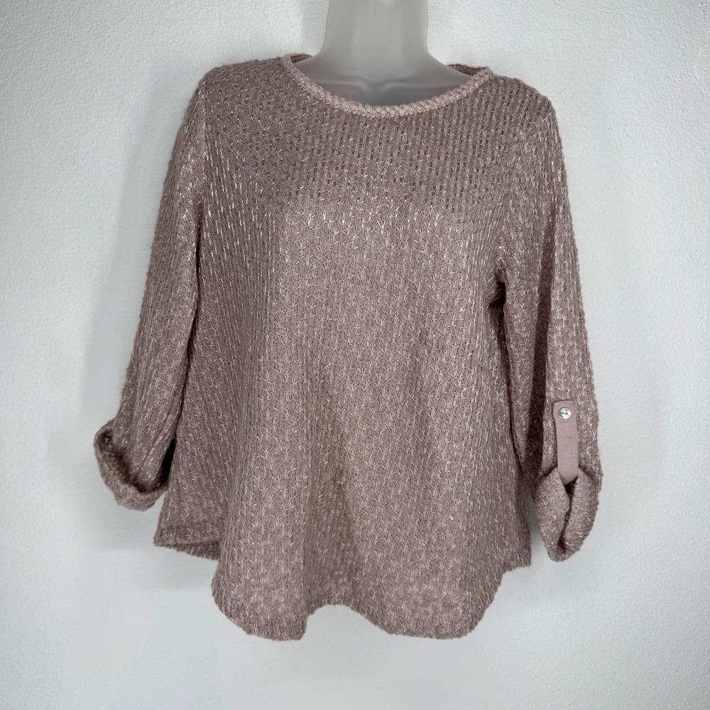 Ali Miles Womens Pink Metallic Knit Sheer Lace Back Roll Tab Sleeve Top Blouse M